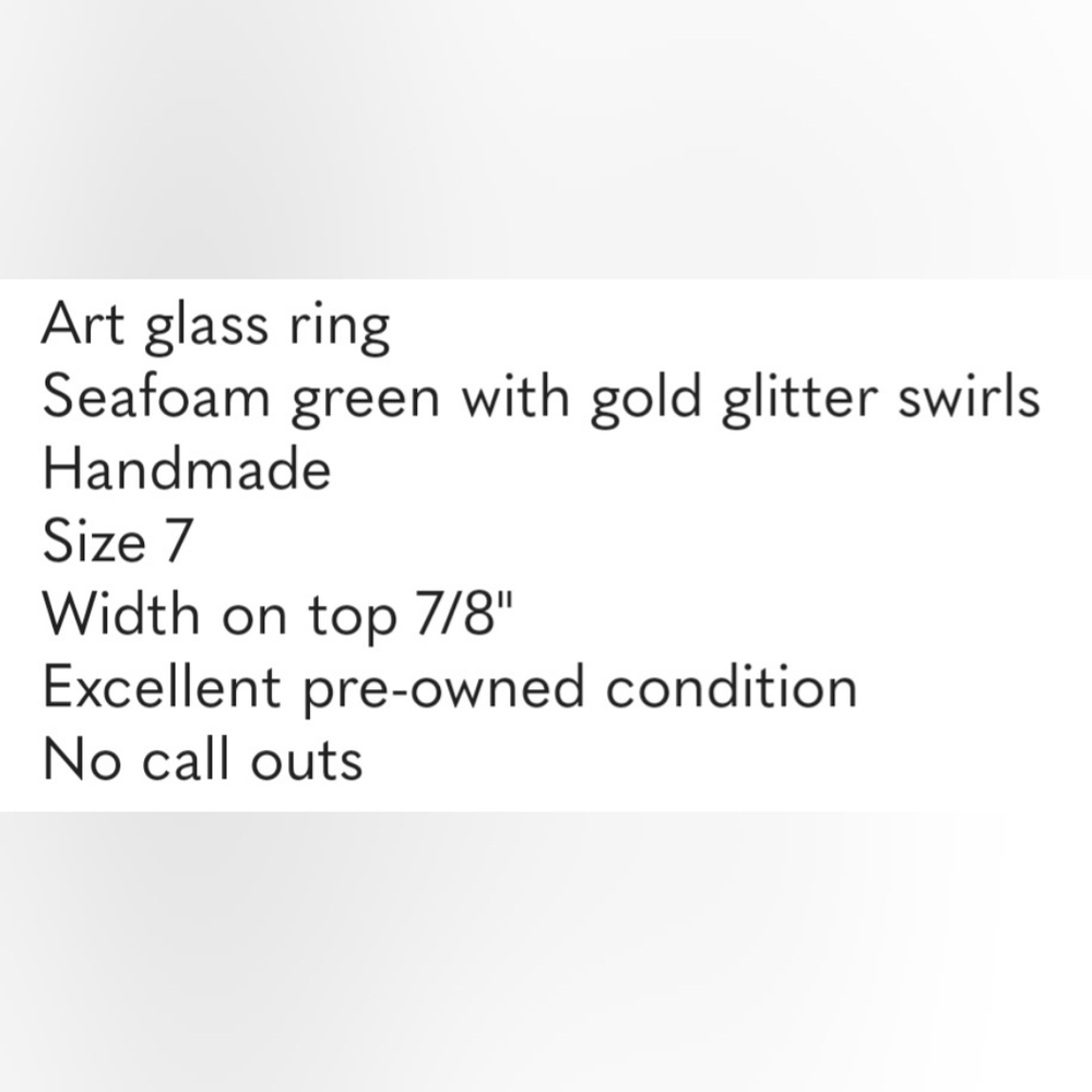 Art Glass Ring Seafoam Green Gold Glitter Swirls Sz 7 Width 7/8" EUC - Picture 6 of 6
